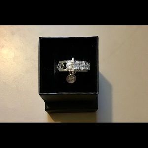 Ring new size 7 or 6 round  white topaz gemstones white small dangle cha…